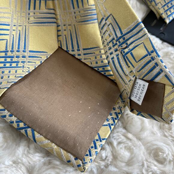 LAMBERTI  Men’s Silk Tie Geometric Print Yellow Blue Made in Italy - Picture 4 of 8